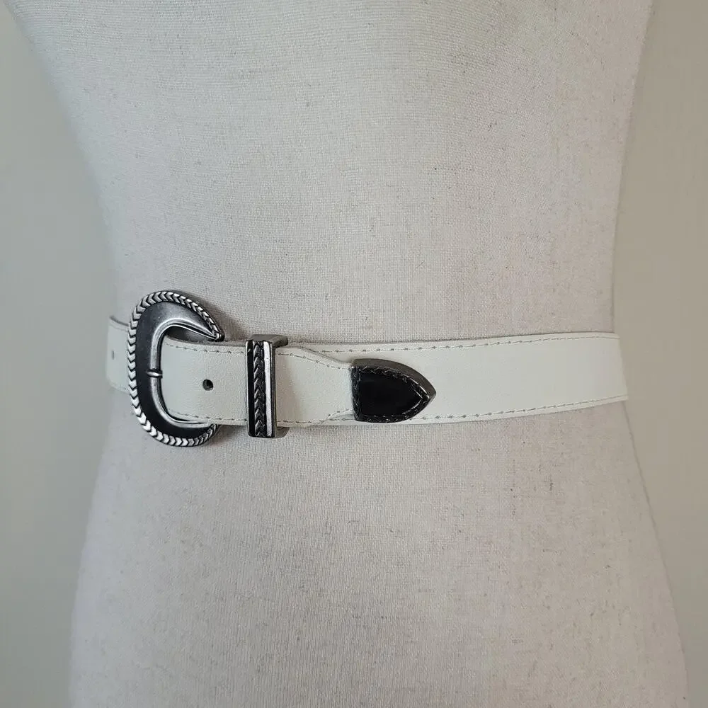 Off-White Leather Belt Small Western Antique Silver Buckle Cowgirl Boho Cowboy